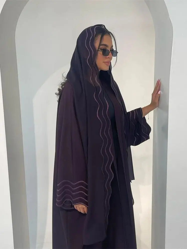 Ramadan Eid Women Gray Black Dubai Khimar Abaya Islam Muslim Kimono Hijab Dress Set Kebaya Kaftan Djellaba Robe Femme Musulmane