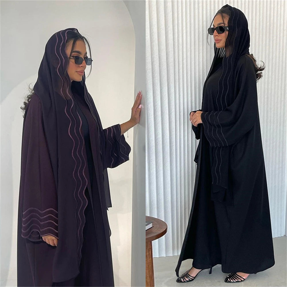 Ramadan Eid Women Gray Black Dubai Khimar Abaya Islam Muslim Kimono Hijab Dress Set Kebaya Kaftan Djellaba Robe Femme Musulmane