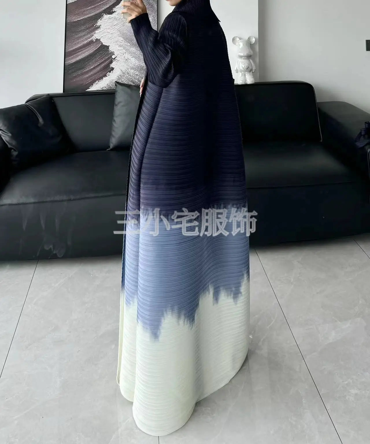 Abaya Ethnic Style Printed Pleated Long Cloak Jacket, Miyake Women's Long Sleeved Big Collar Tied Cardigan Muslim Dress