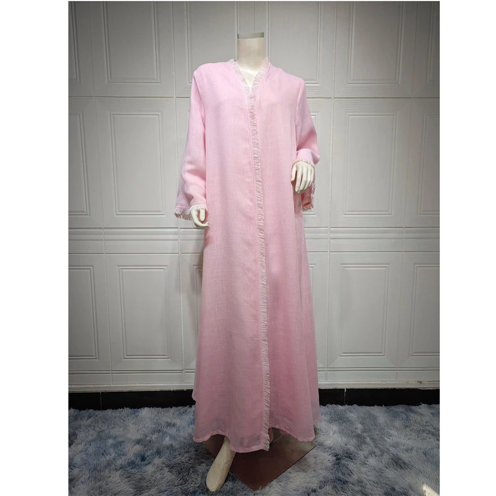 Eid Ramadan Open Abaya for Women Plain Tassel Dubai Causal Cotton Linen Modest Abayas Kimono Turkey Muslim Islamic Clothing Robe