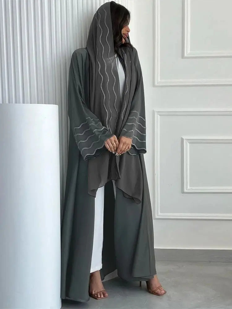 Ramadan Eid Women Gray Black Dubai Khimar Abaya Islam Muslim Kimono Hijab Dress Set Kebaya Kaftan Djellaba Robe Femme Musulmane