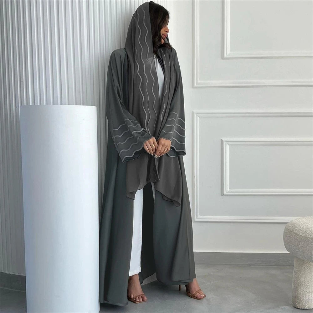 Ramadan Eid Women Gray Black Dubai Khimar Abaya Islam Muslim Kimono Hijab Dress Set Kebaya Kaftan Djellaba Robe Femme Musulmane