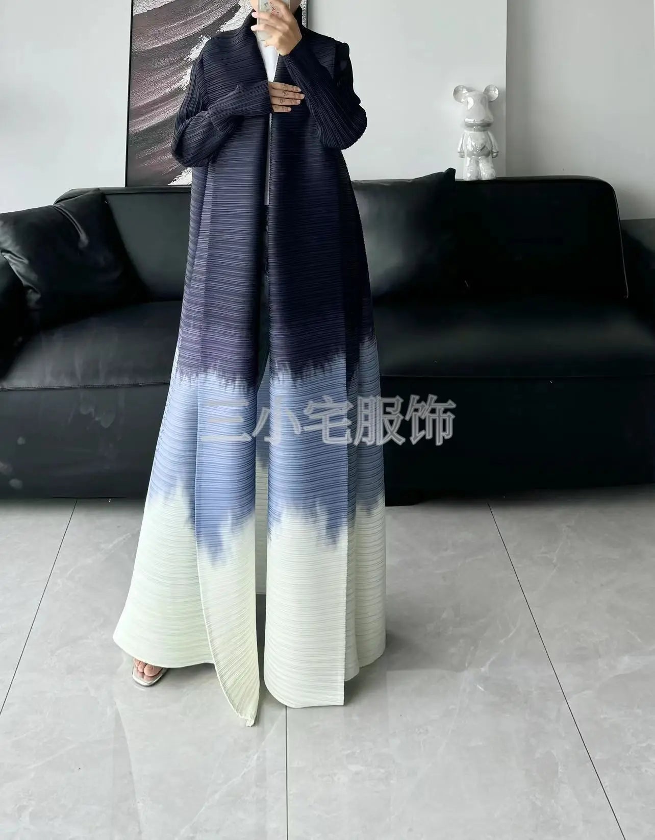 Abaya Ethnic Style Printed Pleated Long Cloak Jacket, Miyake Women's Long Sleeved Big Collar Tied Cardigan Muslim Dress