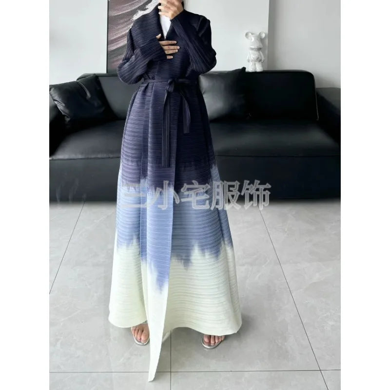 Abaya Ethnic Style Printed Pleated Long Cloak Jacket, Miyake Women's Long Sleeved Big Collar Tied Cardigan Muslim Dress