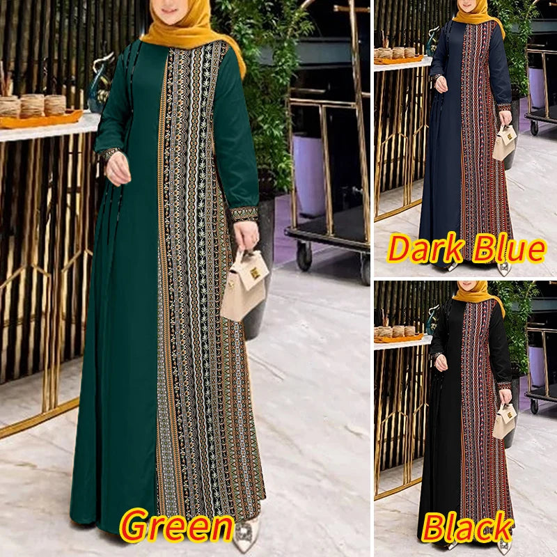 ZANZEA Autumn Patchwork Sundress Fashion Long Sleeve Printed Muslim Abaya Dress Women Maxi Dresses IsIamic Vestidos Robe Femme