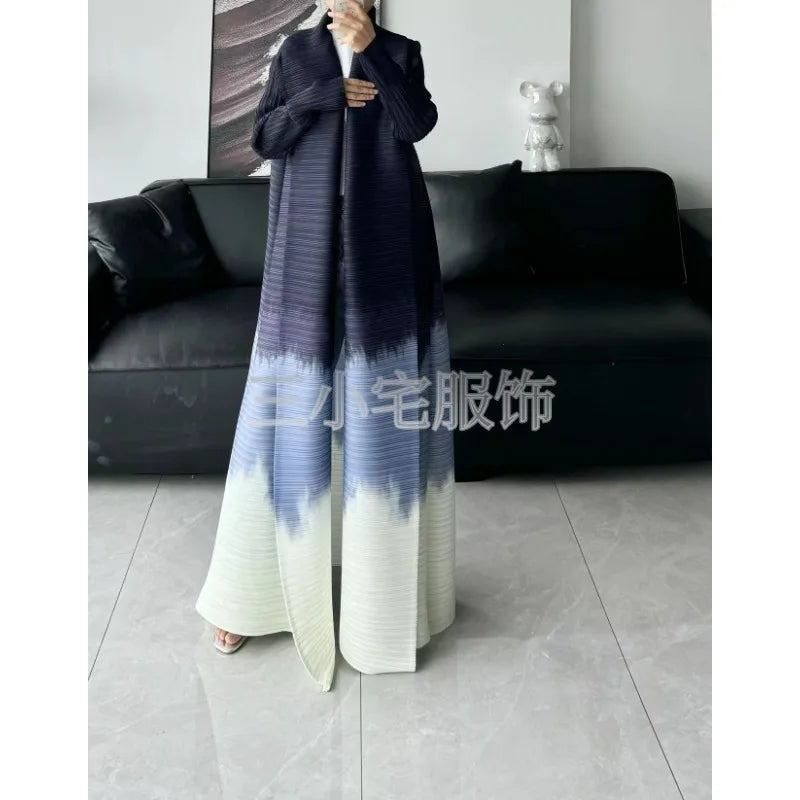 Abaya Ethnic Style Printed Pleated Long Cloak Jacket, Miyake Women's Long Sleeved Big Collar Tied Cardigan Muslim Dress