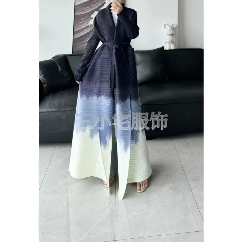 Abaya Ethnic Style Printed Pleated Long Cloak Jacket, Miyake Women's Long Sleeved Big Collar Tied Cardigan Muslim Dress