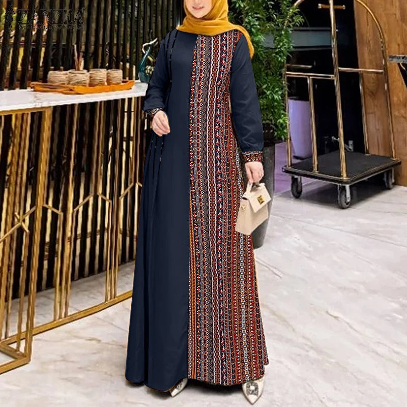 ZANZEA Autumn Patchwork Sundress Fashion Long Sleeve Printed Muslim Abaya Dress Women Maxi Dresses IsIamic Vestidos Robe Femme