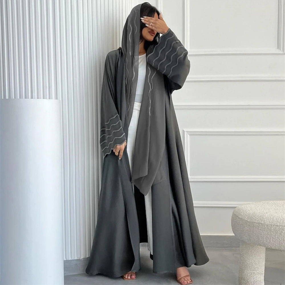 Ramadan Eid Women Gray Black Dubai Khimar Abaya Islam Muslim Kimono Hijab Dress Set Kebaya Kaftan Djellaba Robe Femme Musulmane