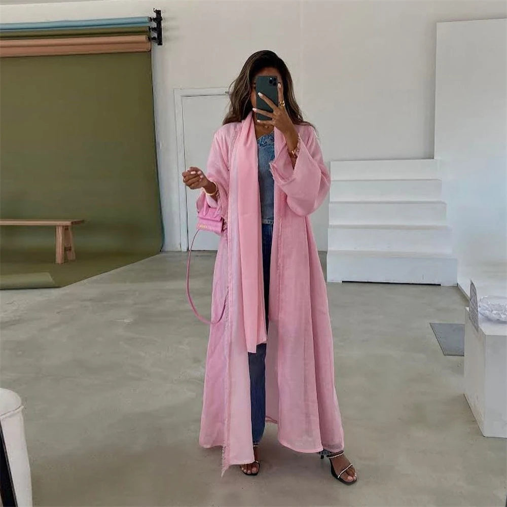 Eid Ramadan Open Abaya for Women Plain Tassel Dubai Causal Cotton Linen Modest Abayas Kimono Turkey Muslim Islamic Clothing Robe