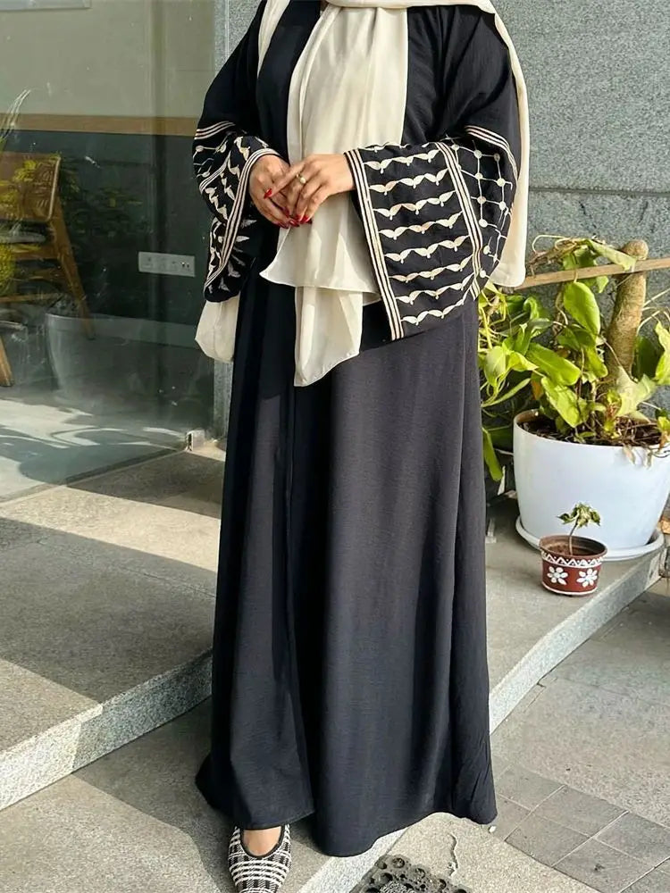 Linen Butterfly Embroidery Open Abaya Dubai Luxury 2024 Muslim Modest Kaftan Kimono Dresses Coat for Women Islam Clothing Kebaya