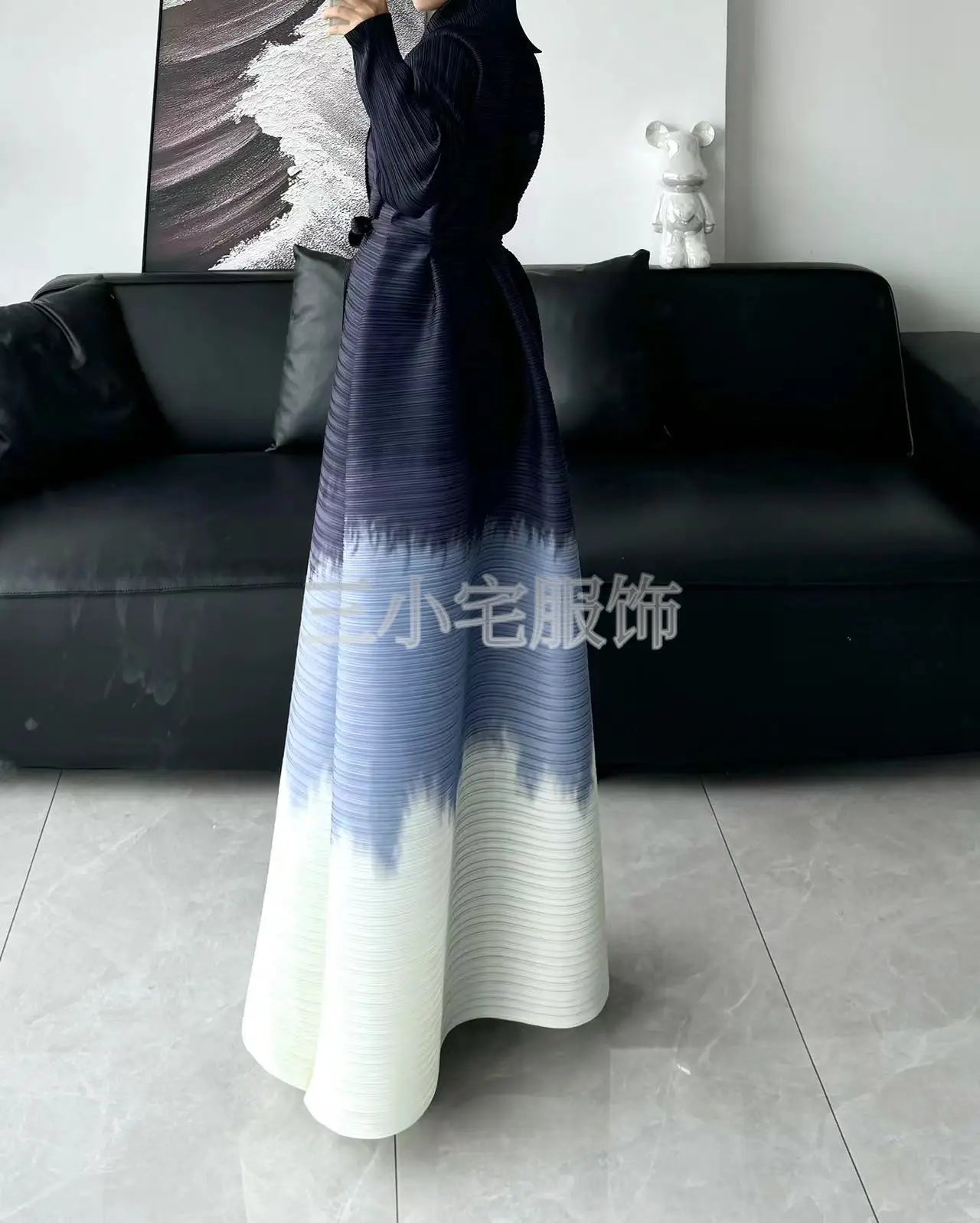 Abaya Ethnic Style Printed Pleated Long Cloak Jacket, Miyake Women's Long Sleeved Big Collar Tied Cardigan Muslim Dress