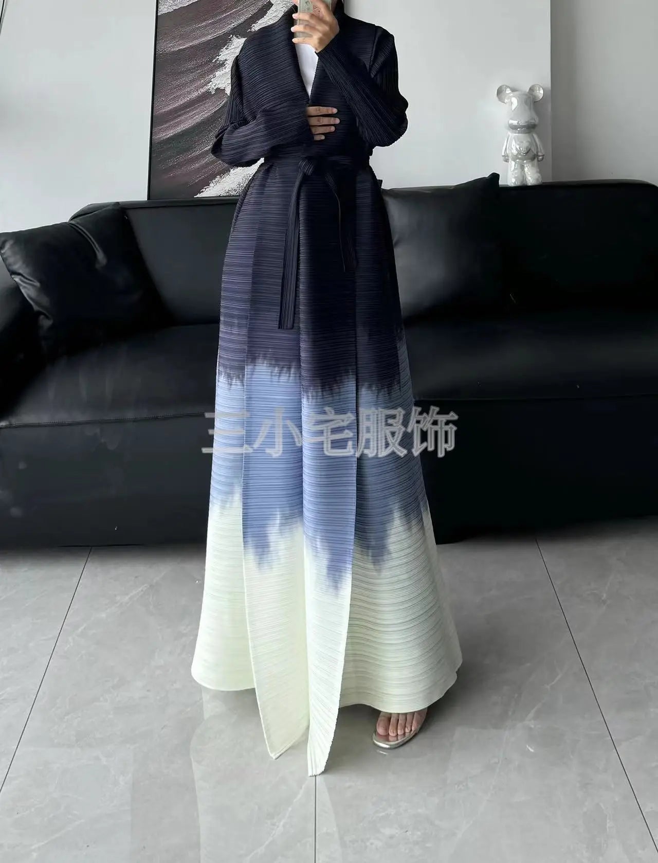 Abaya Ethnic Style Printed Pleated Long Cloak Jacket, Miyake Women's Long Sleeved Big Collar Tied Cardigan Muslim Dress