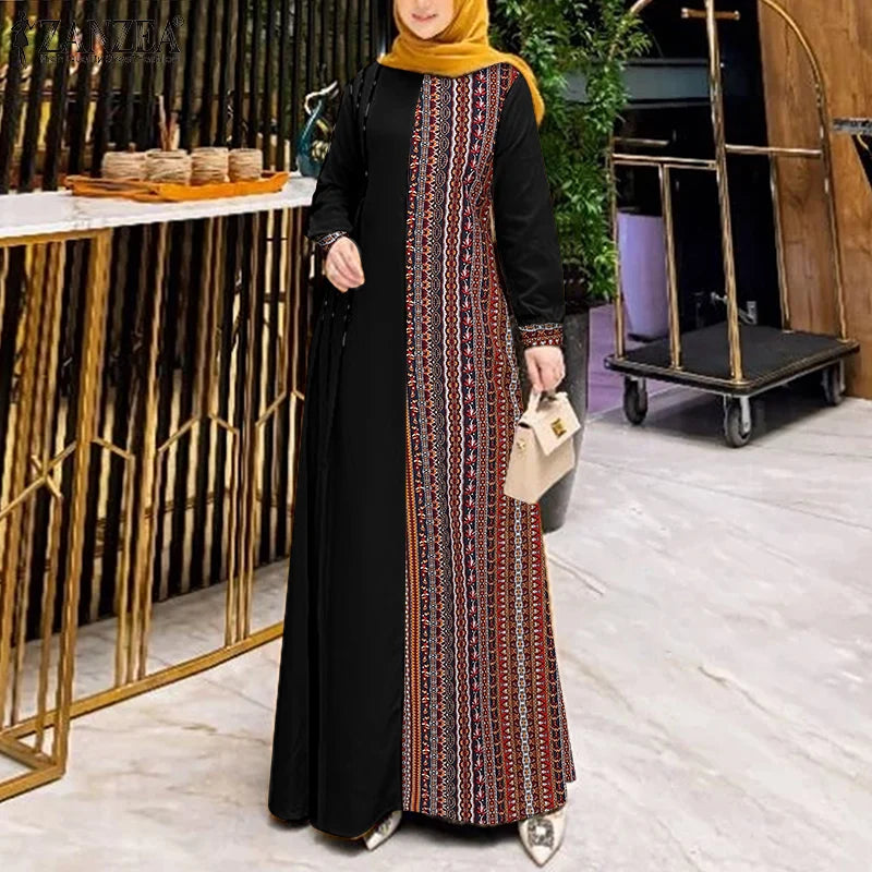 ZANZEA Autumn Patchwork Sundress Fashion Long Sleeve Printed Muslim Abaya Dress Women Maxi Dresses IsIamic Vestidos Robe Femme