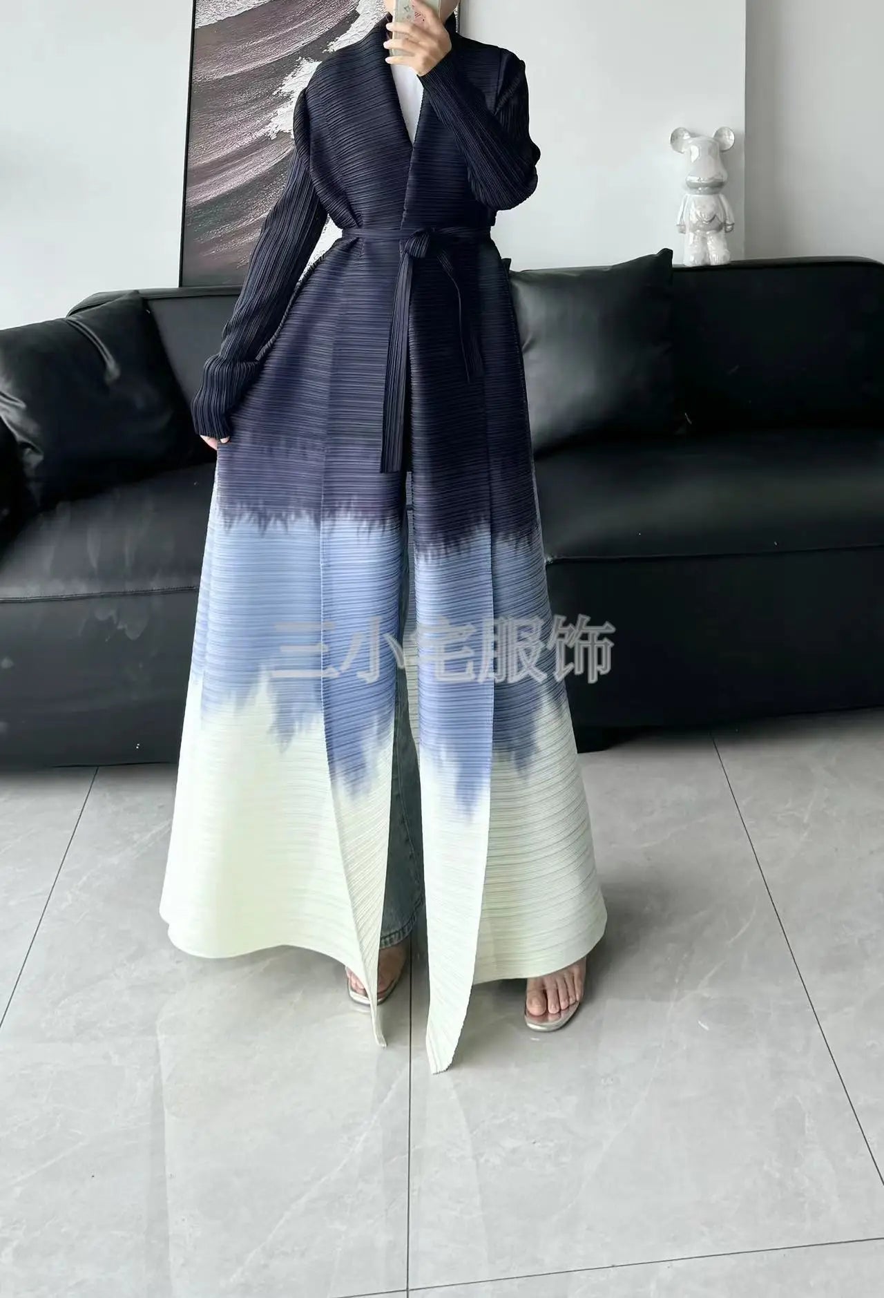 Abaya Ethnic Style Printed Pleated Long Cloak Jacket, Miyake Women's Long Sleeved Big Collar Tied Cardigan Muslim Dress