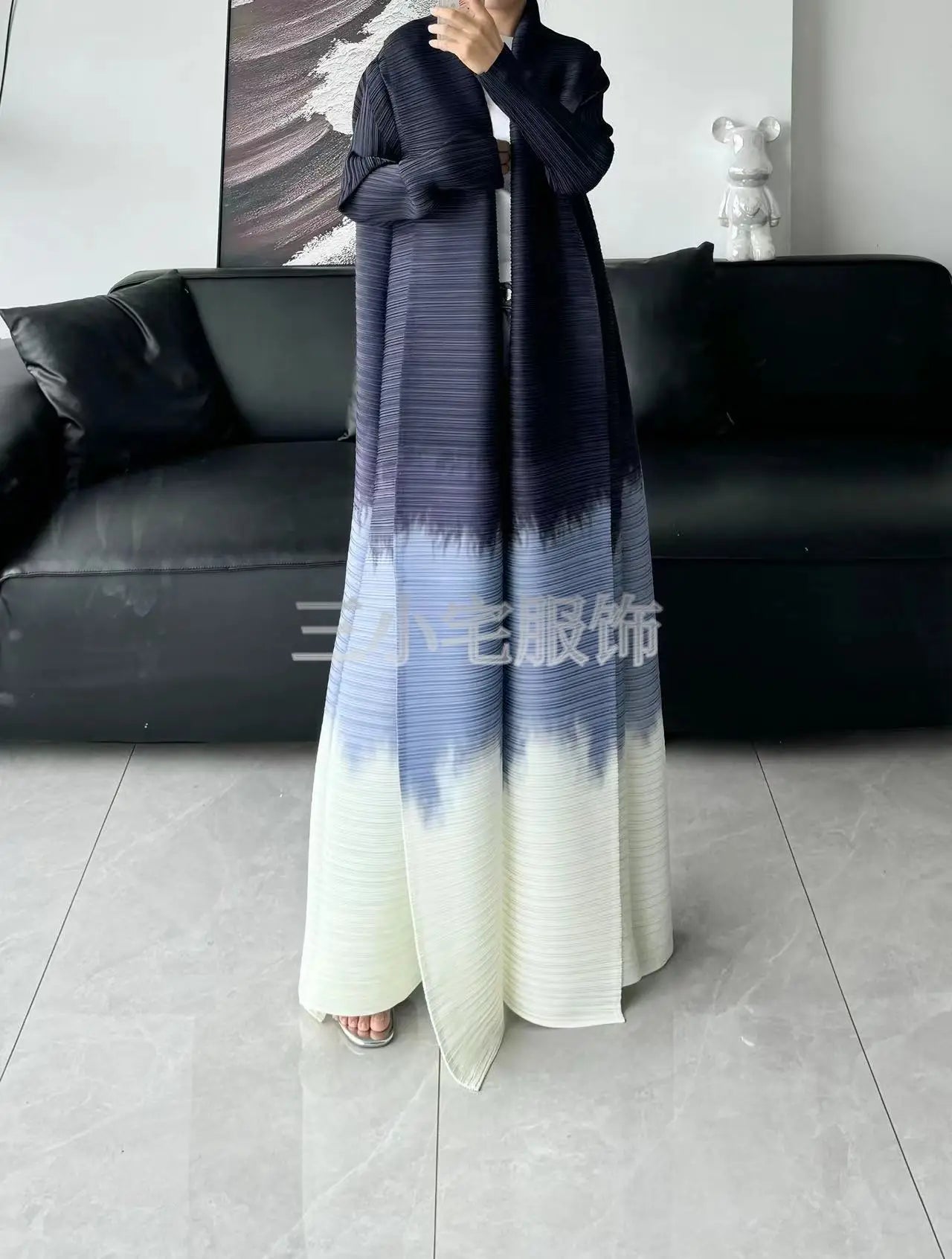 Abaya Ethnic Style Printed Pleated Long Cloak Jacket, Miyake Women's Long Sleeved Big Collar Tied Cardigan Muslim Dress