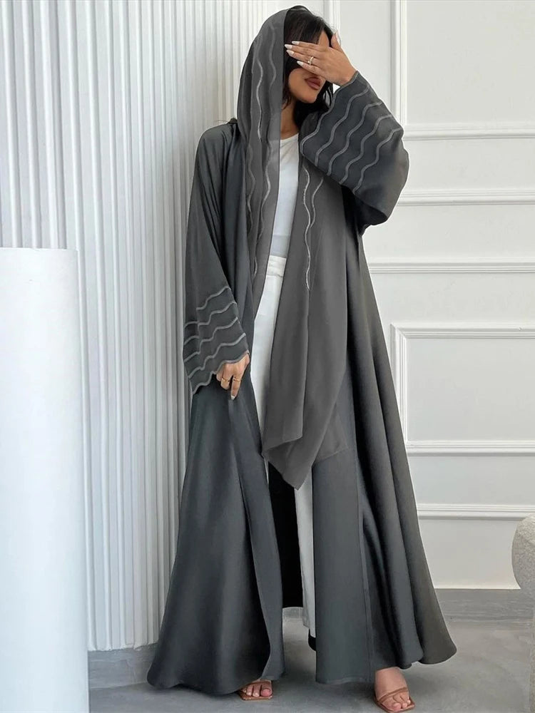 Ramadan Eid Women Gray Black Dubai Khimar Abaya Islam Muslim Kimono Hijab Dress Set Kebaya Kaftan Djellaba Robe Femme Musulmane