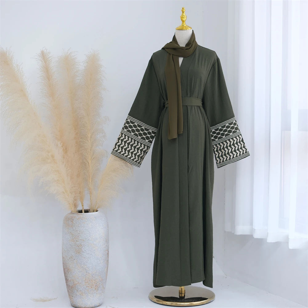 Linen Butterfly Embroidery Open Abaya Dubai Luxury 2024 Muslim Modest Kaftan Kimono Dresses Coat for Women Islam Clothing Kebaya