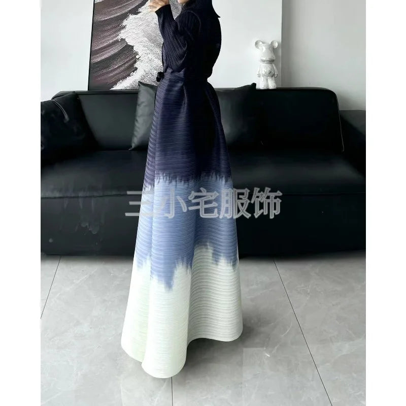 Abaya Ethnic Style Printed Pleated Long Cloak Jacket, Miyake Women's Long Sleeved Big Collar Tied Cardigan Muslim Dress