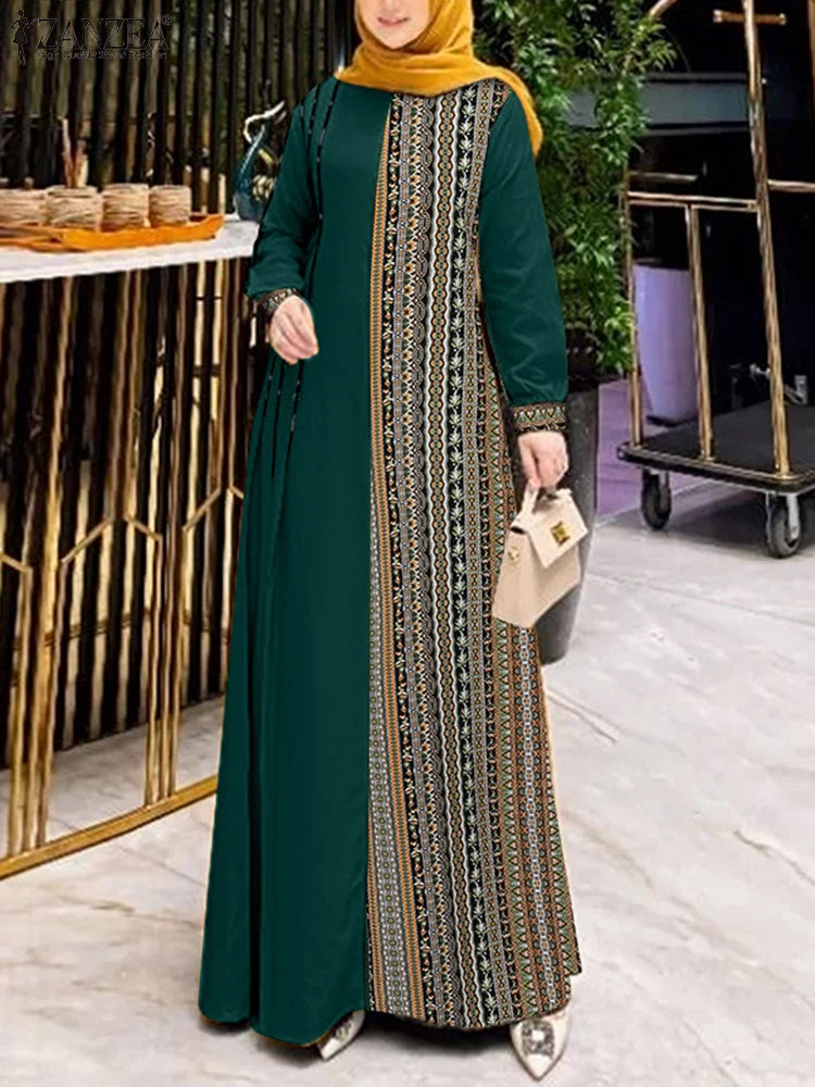 ZANZEA Autumn Patchwork Sundress Fashion Long Sleeve Printed Muslim Abaya Dress Women Maxi Dresses IsIamic Vestidos Robe Femme