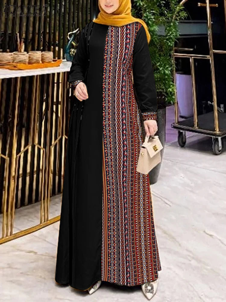 ZANZEA Autumn Patchwork Sundress Fashion Long Sleeve Printed Muslim Abaya Dress Women Maxi Dresses IsIamic Vestidos Robe Femme