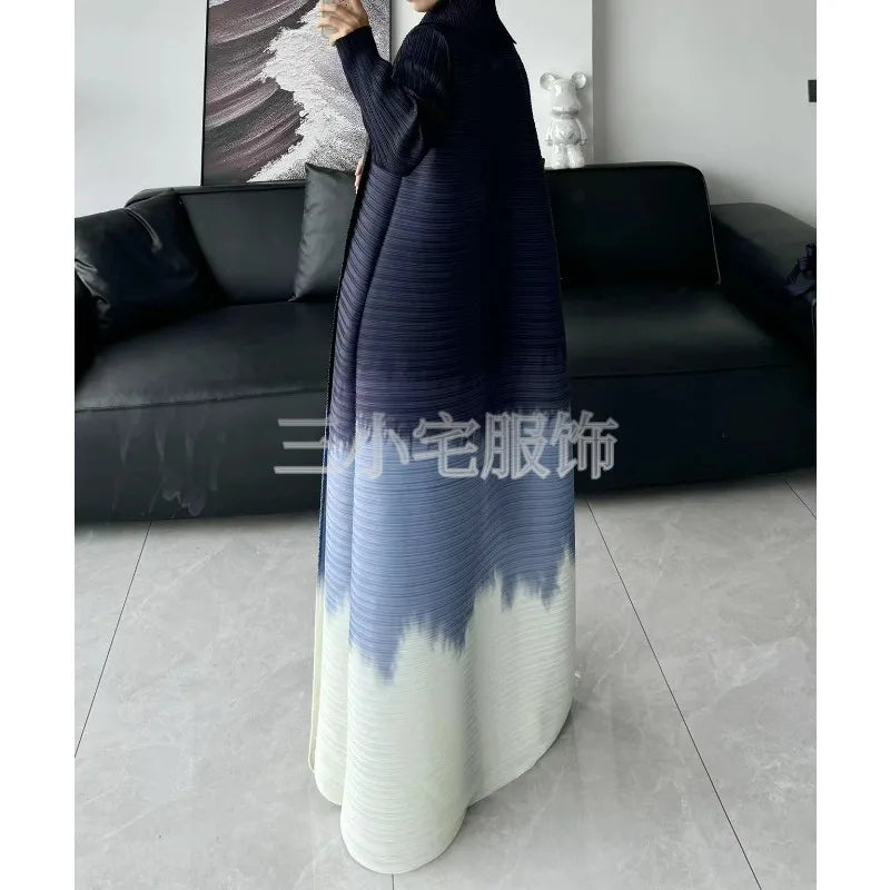 Abaya Ethnic Style Printed Pleated Long Cloak Jacket, Miyake Women's Long Sleeved Big Collar Tied Cardigan Muslim Dress