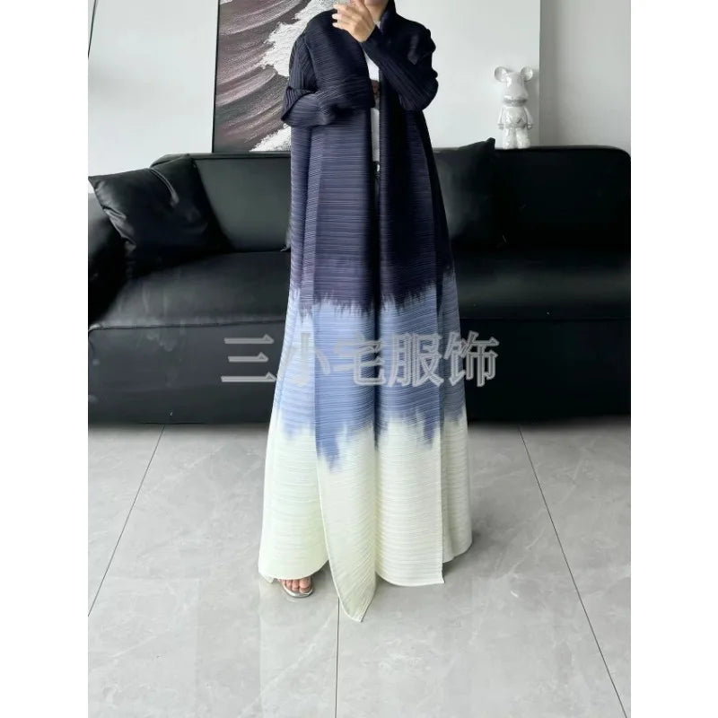 Abaya Ethnic Style Printed Pleated Long Cloak Jacket, Miyake Women's Long Sleeved Big Collar Tied Cardigan Muslim Dress